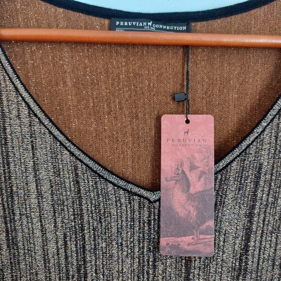 Peruvian Connection Dress S Shimmery Gold Fit Flare Long Sleeve V Neck NEW Chic - Picture 6 of 13